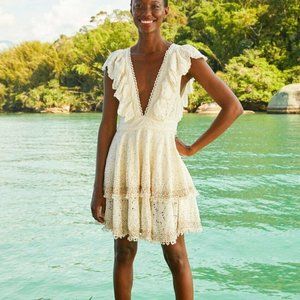 Farm Rio Eyelet Patch Beaded Mini Dress Ivory New XL